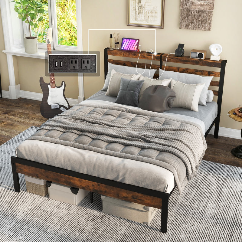 *Full/Queen Size Bed Frame with Charging Station and Storage Headboard - Full Size