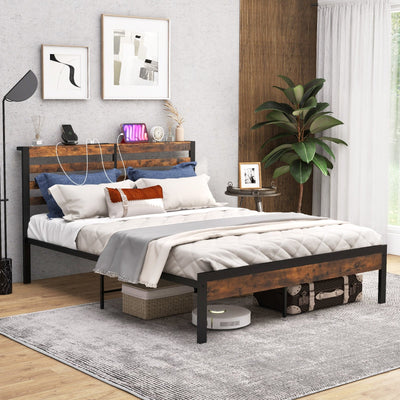 *Full/Queen Size Bed Frame with Charging Station and Storage Headboard - Full Size