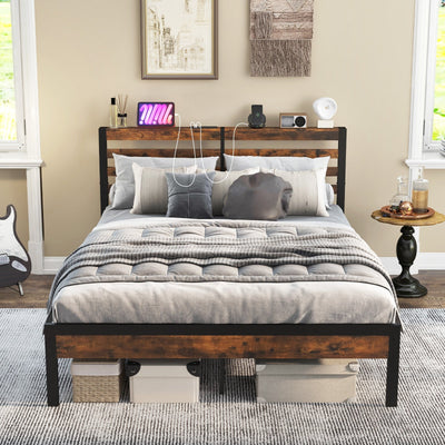 *Full/Queen Size Bed Frame with Charging Station and Storage Headboard - Queen Size