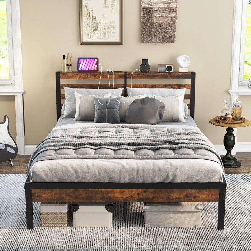 *Full/Queen Size Bed Frame with Charging Station and Storage Headboard - Queen Size