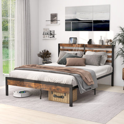 *Full/Queen Size Bed Frame with Charging Station and Storage Headboard - Queen Size