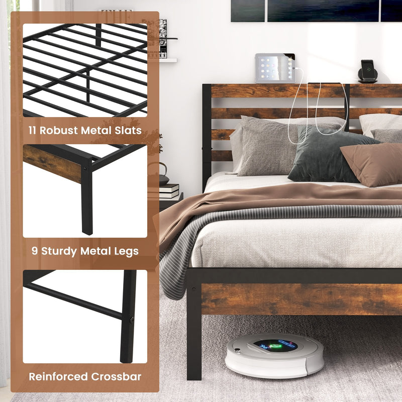 *Full/Queen Size Bed Frame with Charging Station and Storage Headboard - Queen Size