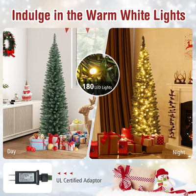 5/6/7/8/9 Feet Pre-lit Pencil Artificial Christmas Tree with 150/180/200//300/400 Warm White LED Lights-6 ft