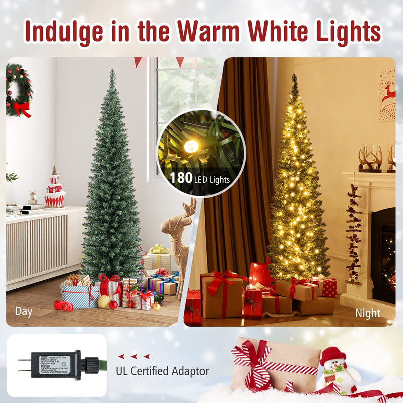 5/6/7/8/9 Feet Pre-lit Pencil Artificial Christmas Tree with 150/180/200//300/400 Warm White LED Lights-6 ft