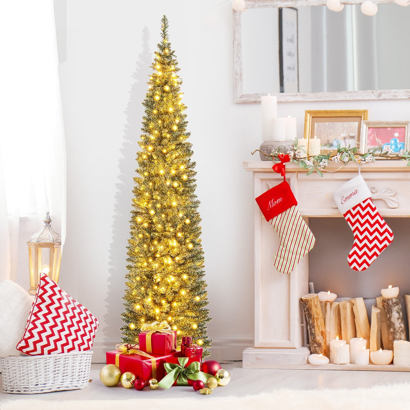 5/6/7/8/9 Feet Pre-lit Pencil Artificial Christmas Tree with 150/180/200//300/400 Warm White LED Lights-7 ft