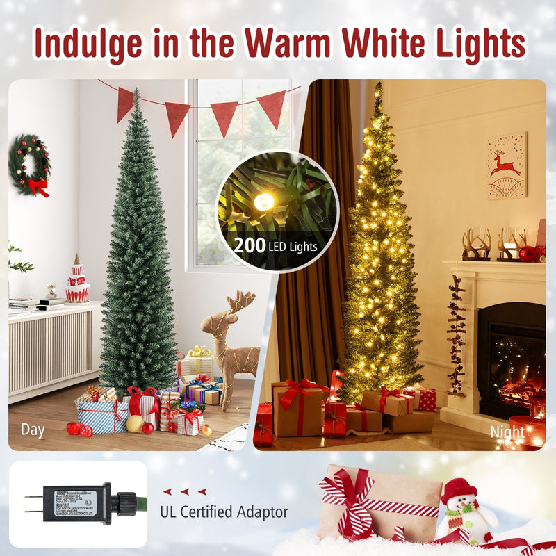 5/6/7/8/9 Feet Pre-lit Pencil Artificial Christmas Tree with 150/180/200//300/400 Warm White LED Lights-7 ft