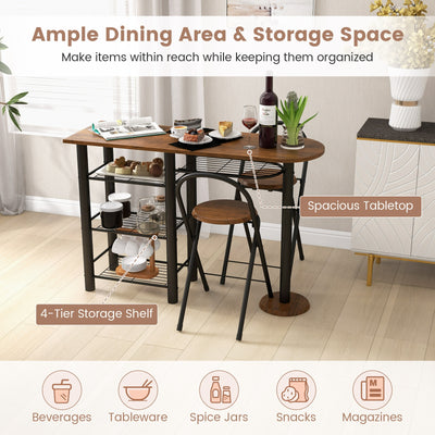 3 Pieces Retro Dining Table Set with 4-Tier Storage Shelf-Retro Brown