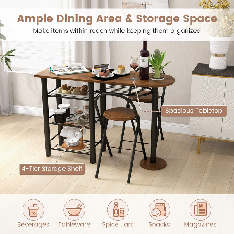 3 Pieces Retro Dining Table Set with 4-Tier Storage Shelf-Retro Brown