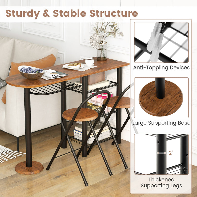 3 Pieces Retro Dining Table Set with 4-Tier Storage Shelf-Retro Brown