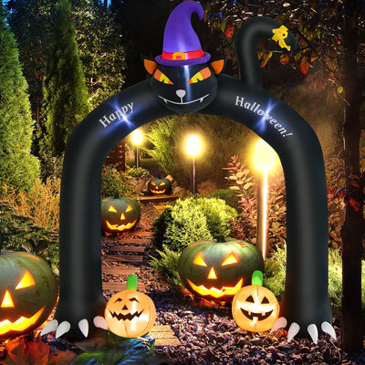 9 Feet Halloween Inflatable Cat Archway with Wizard Cat and Pumpkins