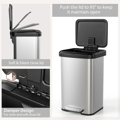 13.2 Gallon Step Trash Can with Soft Close Lid and Deodorizer Compartment-Silver