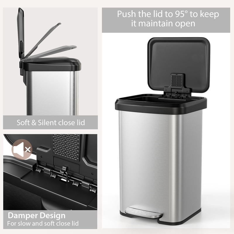 13.2 Gallon Step Trash Can with Soft Close Lid and Deodorizer Compartment-Silver