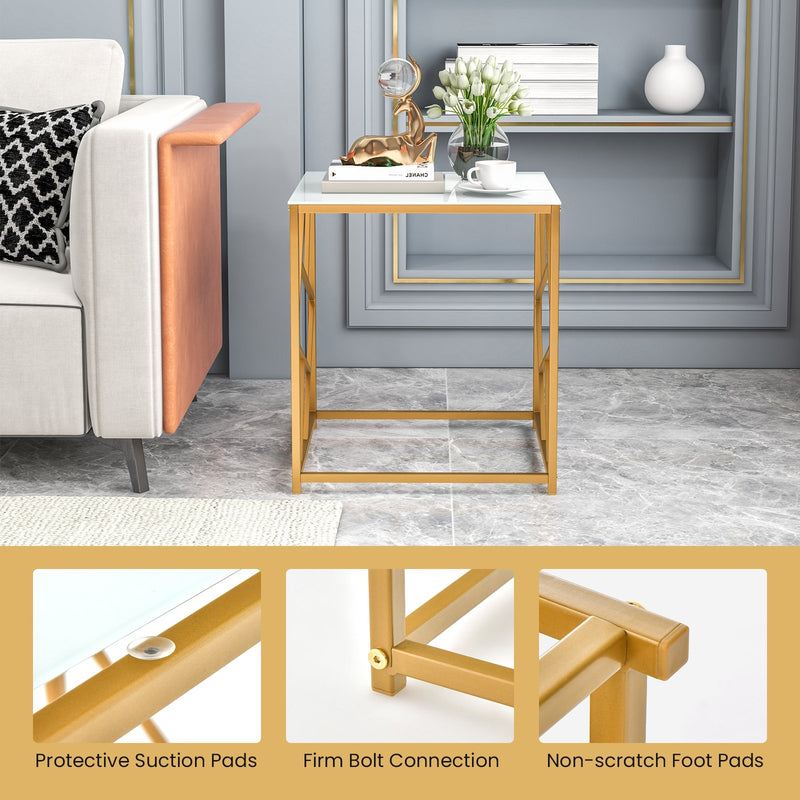 Square End Table with Tempered Glass Tabletop and Gold Finish Geometric Frame-Golden