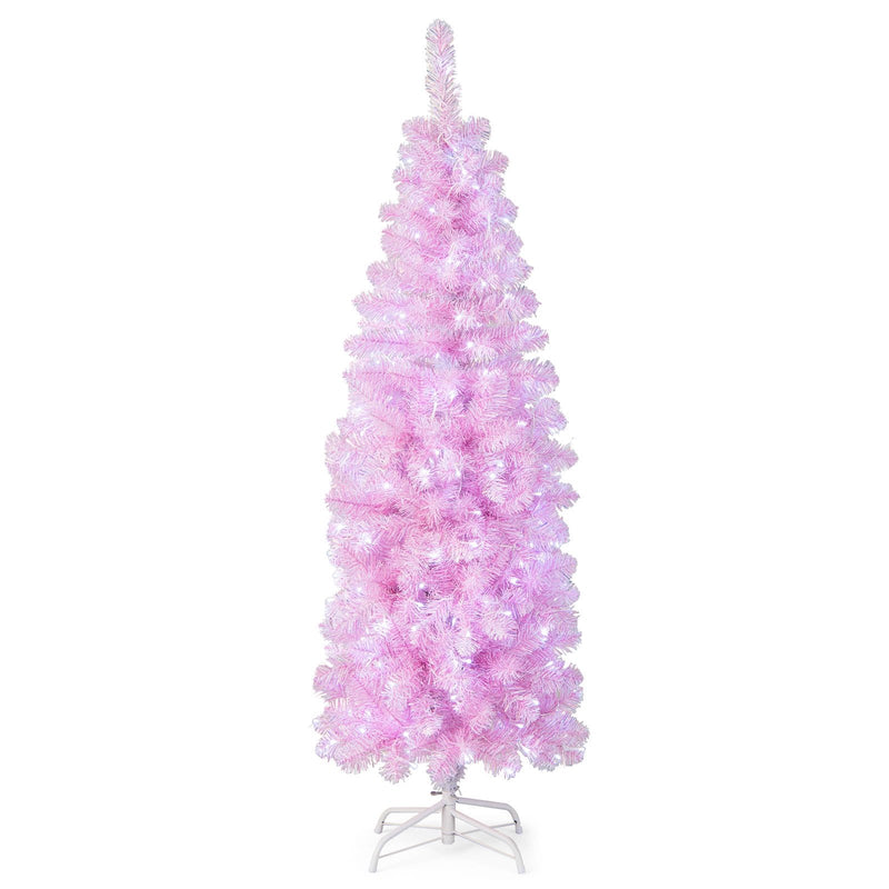 5/6/7 FT Pre-lit Artificial Christmas Tree with Branch Tips LED Lights Metal Stand-5ft