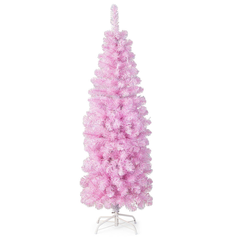 5/6/7 FT Pre-lit Artificial Christmas Tree with Branch Tips LED Lights Metal Stand-5ft
