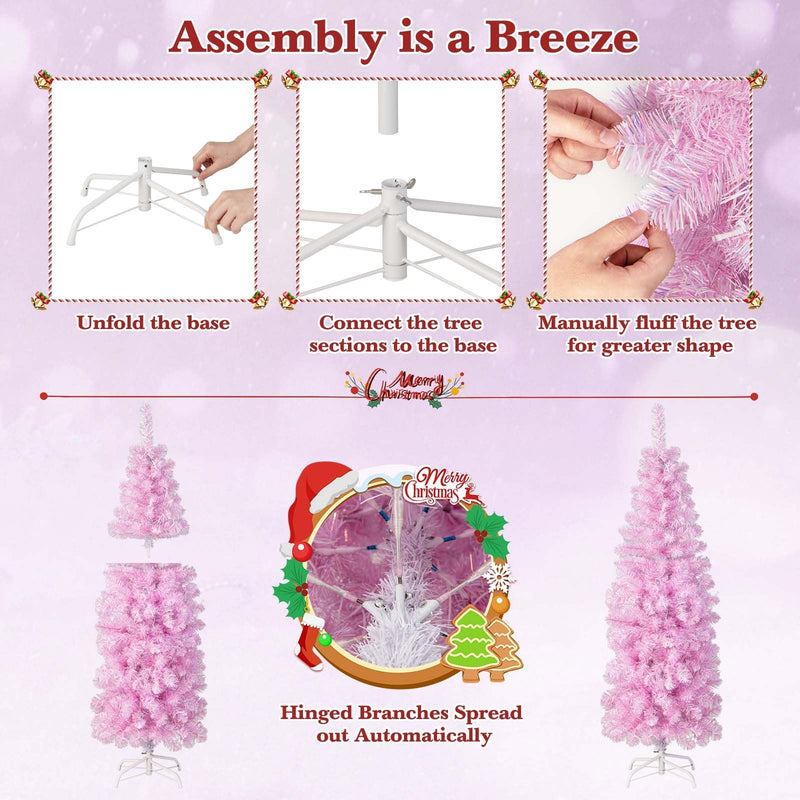 5/6/7 FT Pre-lit Artificial Christmas Tree with Branch Tips LED Lights Metal Stand-5ft