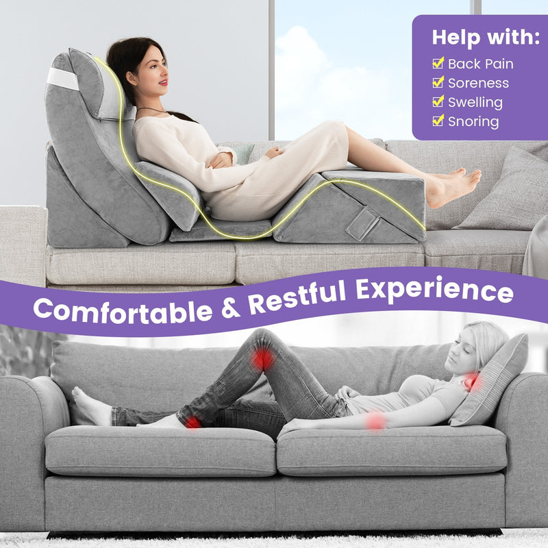 7 Pieces Bed Wedge Pillow Set with Memory Foam and Washable Cover-Gray