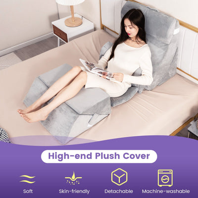 7 Pieces Bed Wedge Pillow Set with Memory Foam and Washable Cover-Gray