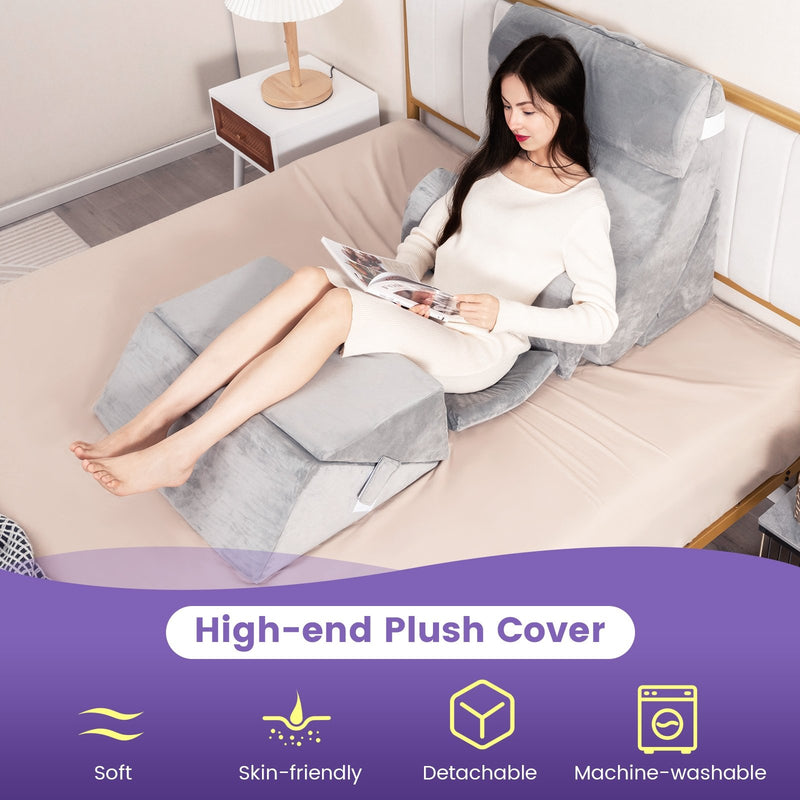 7 Pieces Bed Wedge Pillow Set with Memory Foam and Washable Cover-Gray