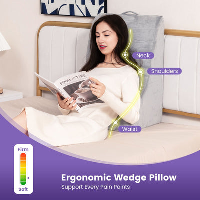 Bed Wedge Pillow Back Support Triangle Reading Pillow with Detachable Cover-Gray