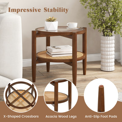 Rattan Round Side End Table with Tempered Glass Tabletop