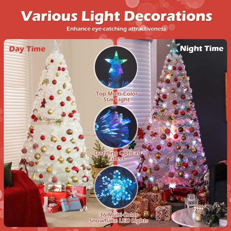 5/6/7 Feet Pre-Lit White Artificial Christmas Tree with Iridescent Leaves-7 ft