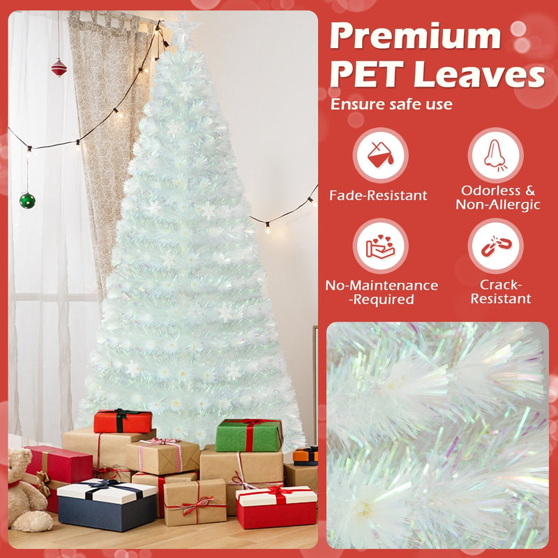 5/6/7 Feet Pre-Lit White Artificial Christmas Tree with Iridescent Leaves-7 ft