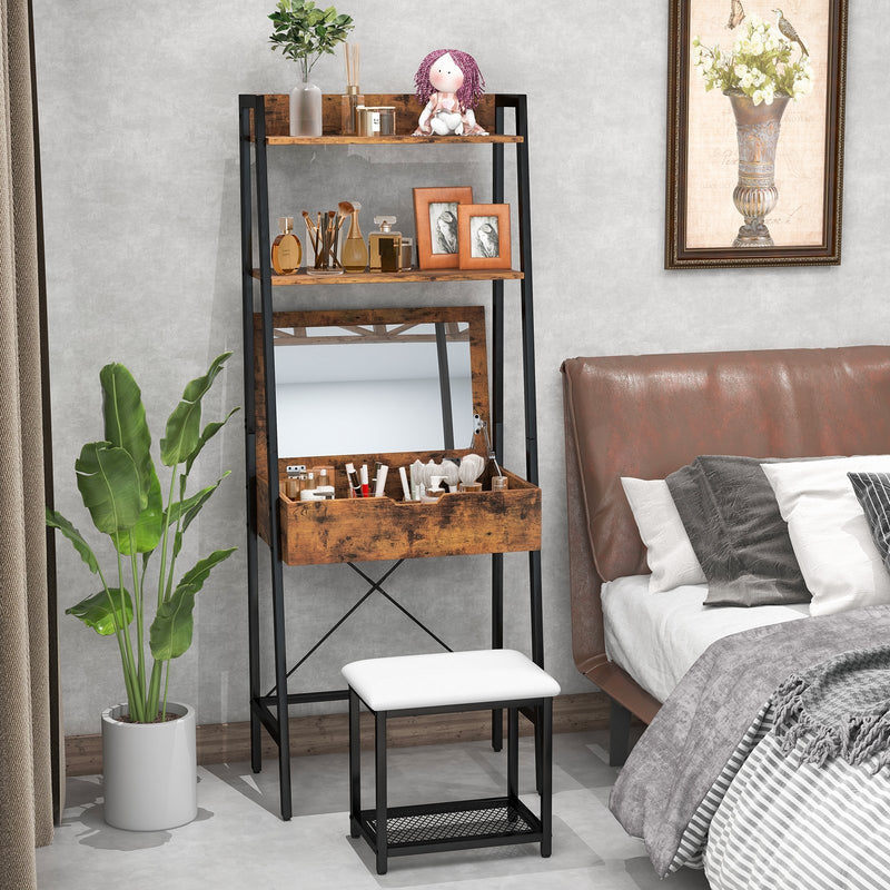 Ladder Vanity Desk Set with Flip Top Mirror and Cushioned Stool-Black