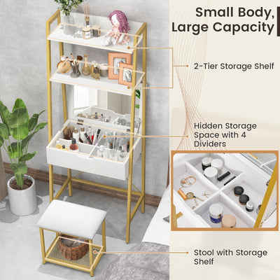 Ladder Vanity Desk Set with Flip Top Mirror and Cushioned Stool-Golden