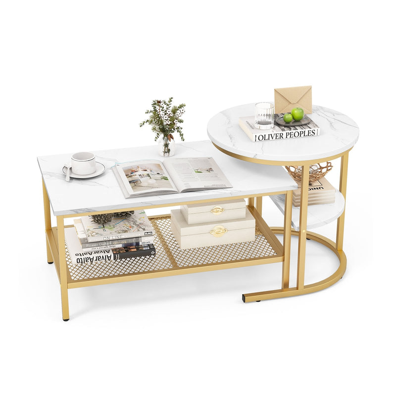 *Set of 2 Nesting Coffee Table with Extra Storage Shelf for Living Room - Golden