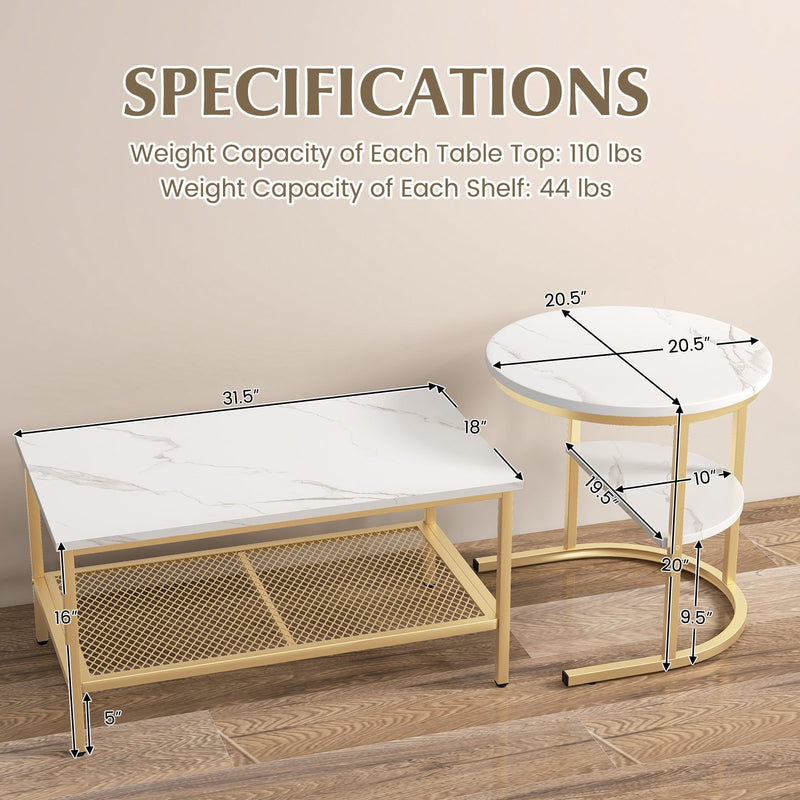 *Set of 2 Nesting Coffee Table with Extra Storage Shelf for Living Room - Golden