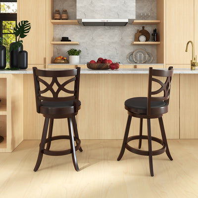 360° Swivel Bar Chairs with Leather Cushioned Seat and Rubber Wood Frame-24 inch