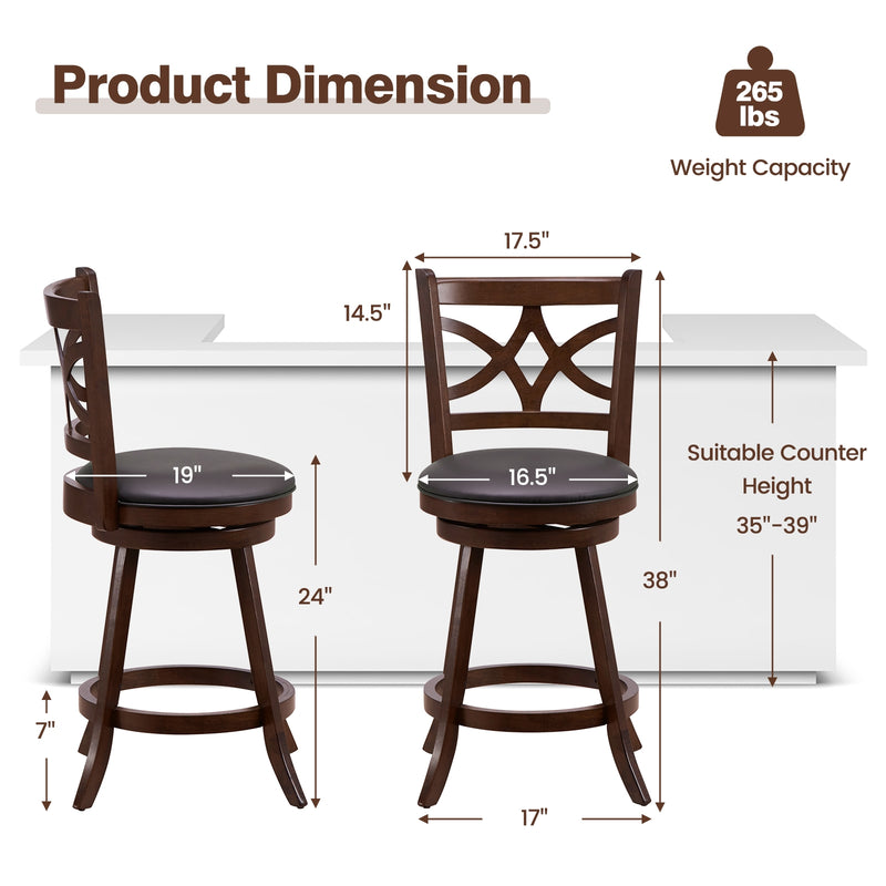 360° Swivel Bar Chairs with Leather Cushioned Seat and Rubber Wood Frame-24 inch