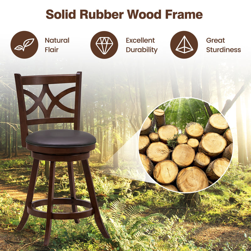 360° Swivel Bar Chairs with Leather Cushioned Seat and Rubber Wood Frame-24 inch