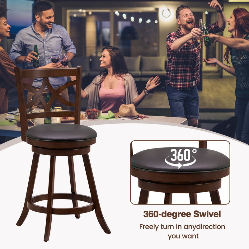360° Swivel Bar Chairs with Leather Cushioned Seat and Rubber Wood Frame-24 inch