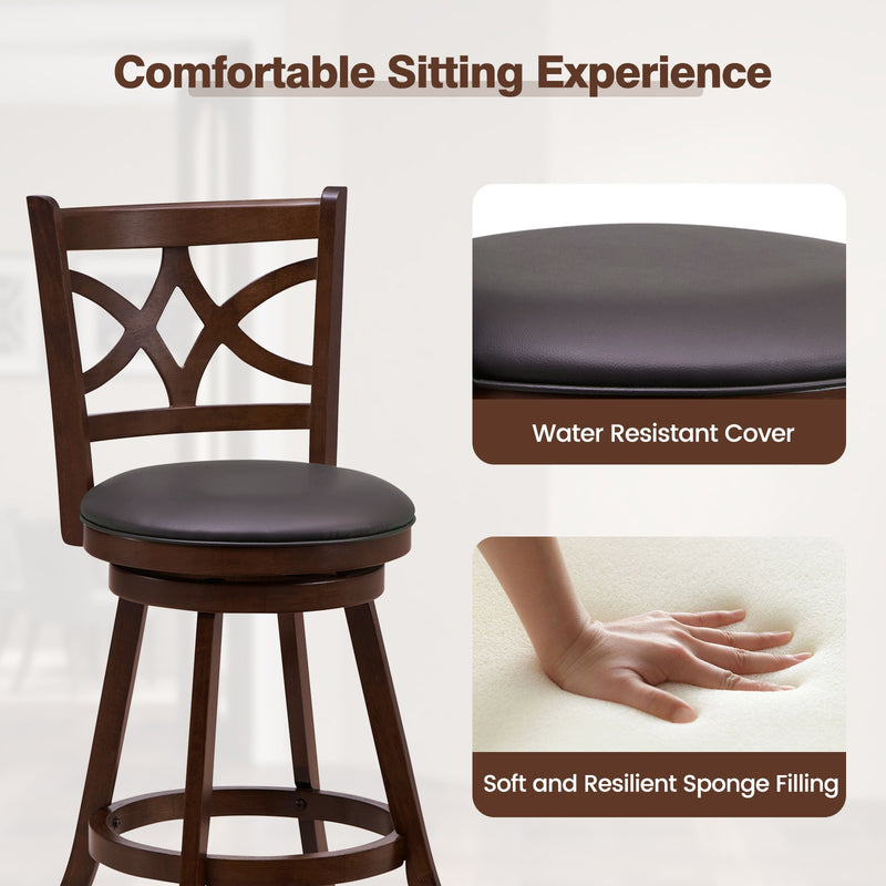 360° Swivel Bar Chairs with Leather Cushioned Seat and Rubber Wood Frame-24 inch