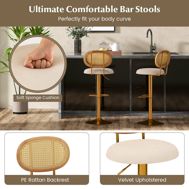 2 Pieces Bar Chairs with PE Rattan Backrest-360°Swivel and Height Adjustable