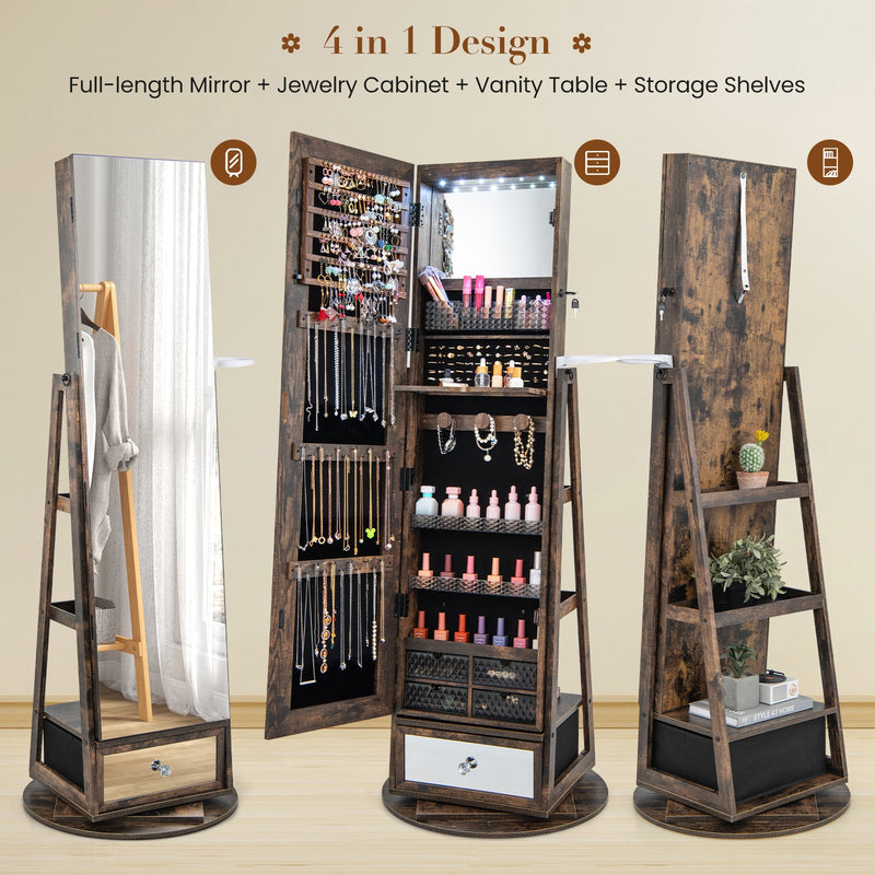 Lockable 360° Swivel Jewelry Cabinet with Full-Length Mirror LED Lights-Rustic Brown