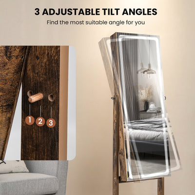 Lockable Jewelry Armoire Standing Cabinet with Lighted Full-Length Mirror-Rustic Brown