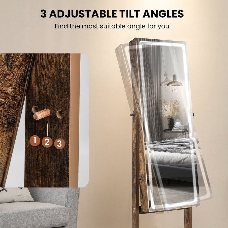 Lockable Jewelry Armoire Standing Cabinet with Lighted Full-Length Mirror-Rustic Brown