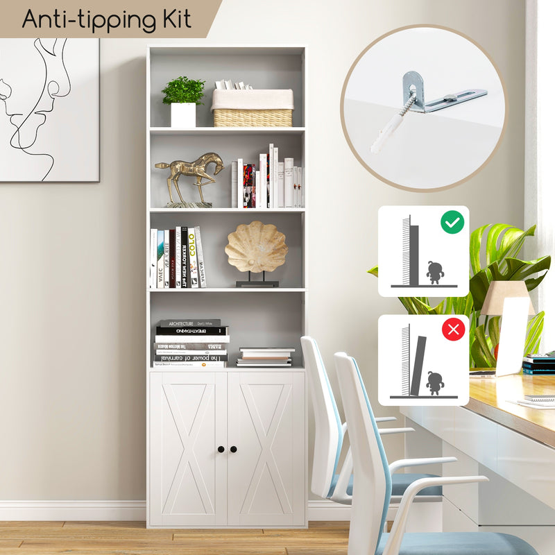 71 Inch Freestanding Bookshelf with 6 Shelves and 2-Door Cabinet-White