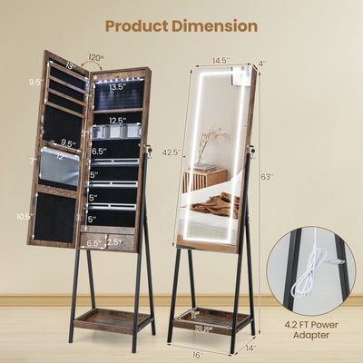 LED Standing Jewelry Mirror Cabinet with 3-Color Lighted Full-Length Mirror-Rustic Brown