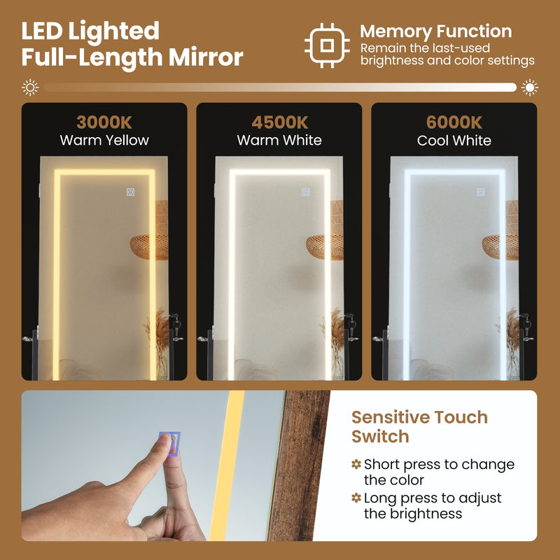 LED Standing Jewelry Mirror Cabinet with 3-Color Lighted Full-Length Mirror-Rustic Brown