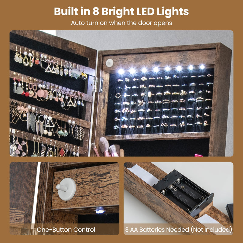 LED Standing Jewelry Mirror Cabinet with 3-Color Lighted Full-Length Mirror-Rustic Brown