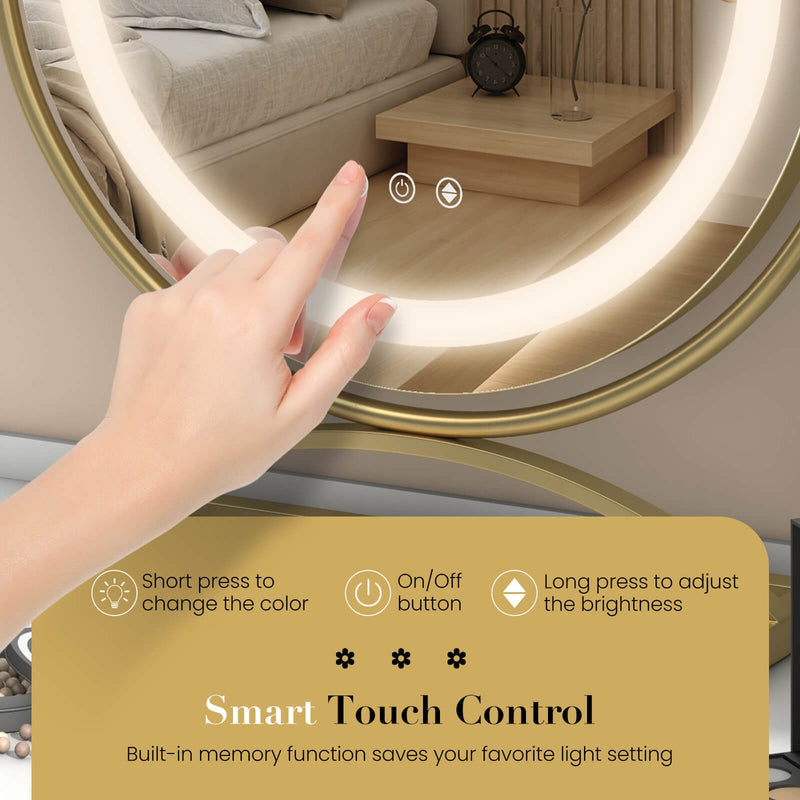 16 Inch Round Makeup Vanity Mirror with 3 Color Dimmable LED Lighting-Golden