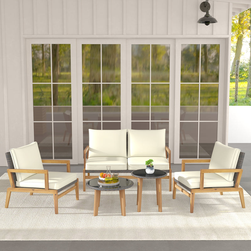 5 Pieces Rattan Furniture Set Wicker Woven Sofa Set with 2 Coffee Tables-Off White