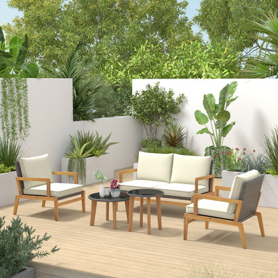 5 Pieces Rattan Furniture Set Wicker Woven Sofa Set with 2 Coffee Tables-Off White