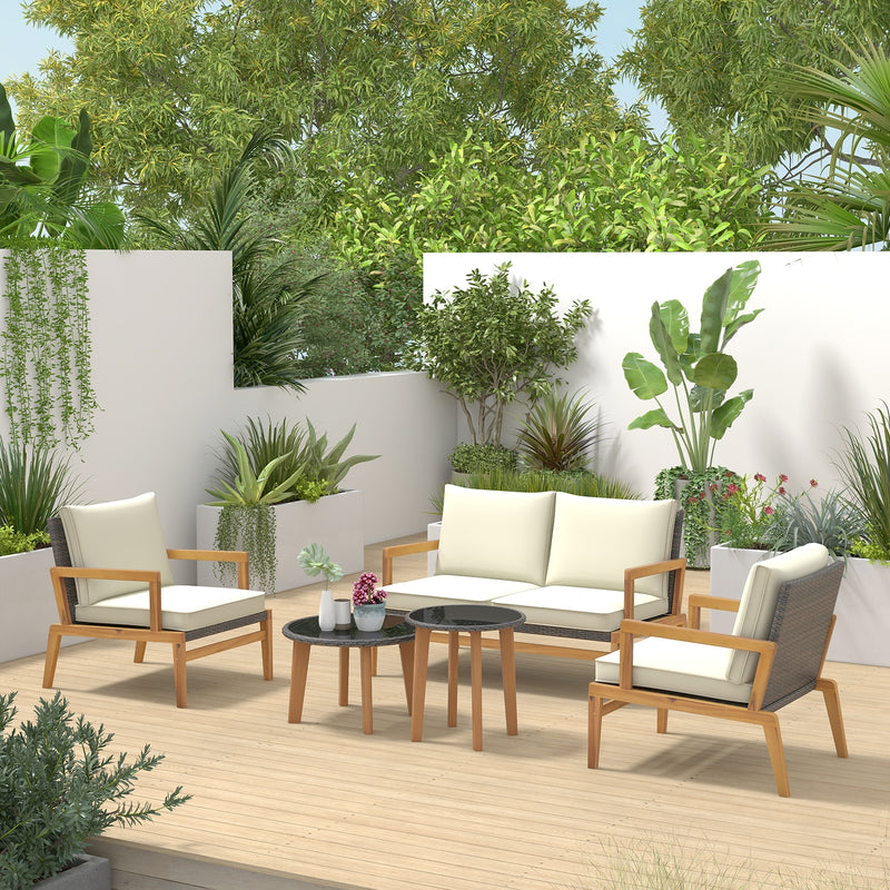 5 Pieces Rattan Furniture Set Wicker Woven Sofa Set with 2 Coffee Tables-Off White