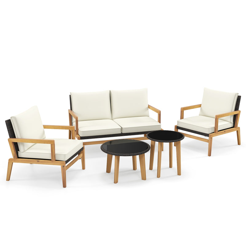 5 Pieces Rattan Furniture Set Wicker Woven Sofa Set with 2 Coffee Tables-Off White
