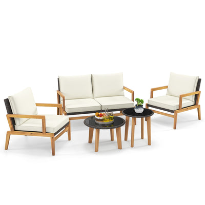5 Pieces Rattan Furniture Set Wicker Woven Sofa Set with 2 Coffee Tables-Off White